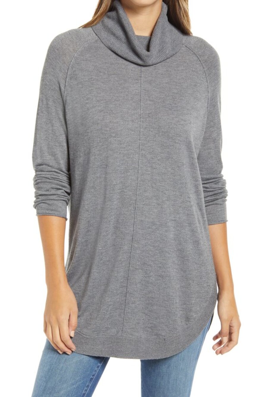 Caslon Tunic Sweater Cowl Neck Long Sleeve Round Hem Knitted Grey Size Medium